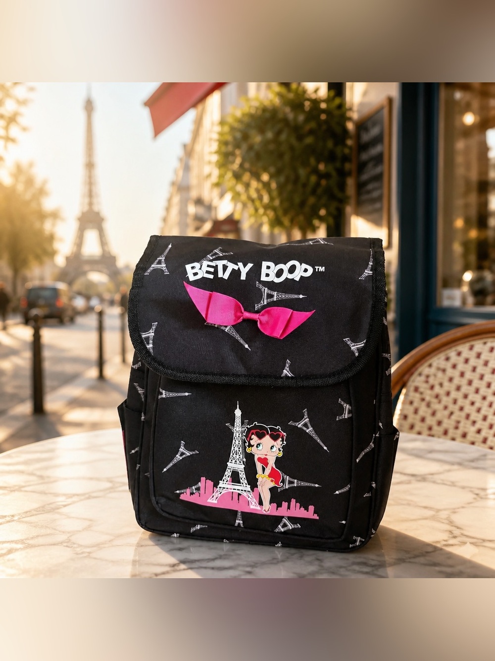 Betty Boop Paris Eiffel Tower Black Backpack Pink Bow